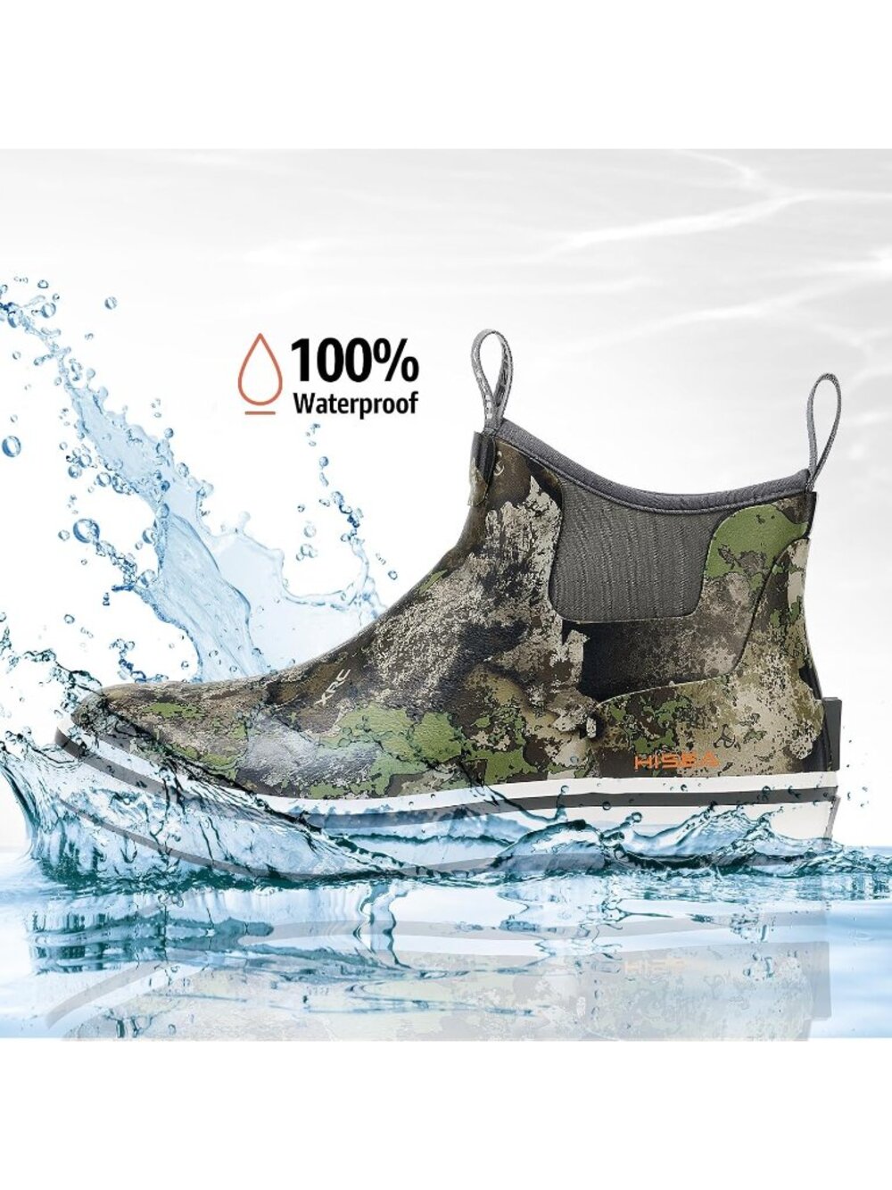 Men's Green Camo Ankle Deck Waterproof Rubber Neoprene Fishing Rain Boots - Picture 4 of 6
